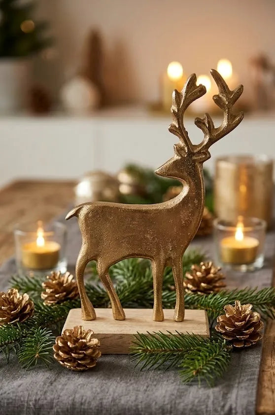 Cervo in Alluminio Oro 19 cm con Base in Legno – Eleganza Nordica per le Feste