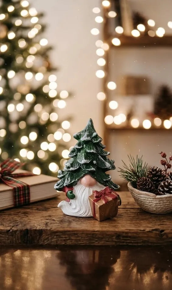 Gnomo Natalizio con Albero di Natale – Statuina in Resina