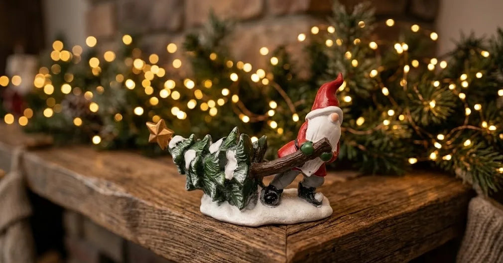 Statuina in resina gnomo di Natale che trascina albero innevato con stella dorata