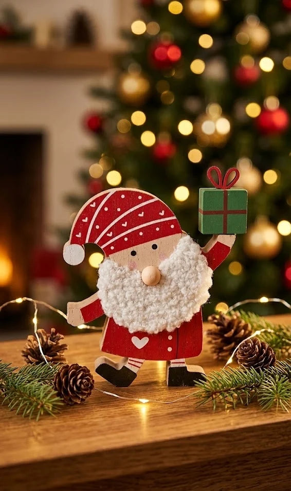 Babbo Natale in Legno con Pacco Regalo – Statuina Natalizia 16 cm