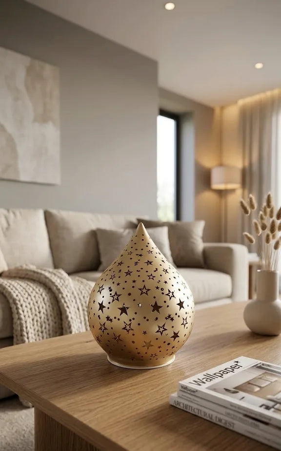 Lampada Decorativa Natalizia a Stelle – Vetro Traforato Dorato 16 cm