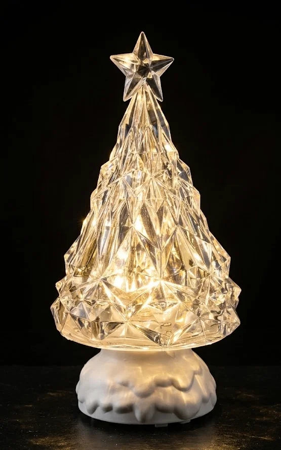 Albero di Natale in Vetro Rotante con Luce LED Bianco Caldo 26 cm