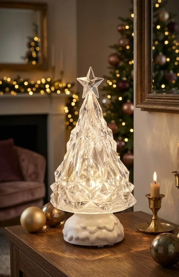 Albero di Natale in Vetro Rotante con Luce LED Bianco Caldo 26 cm