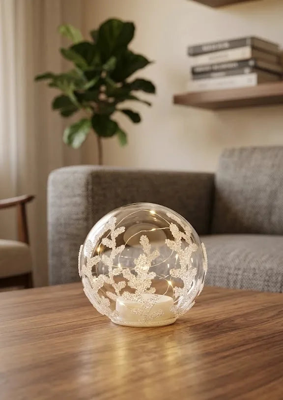 Sfera Decorativa in Vetro con Perline Dorate e Luci LED – Natale