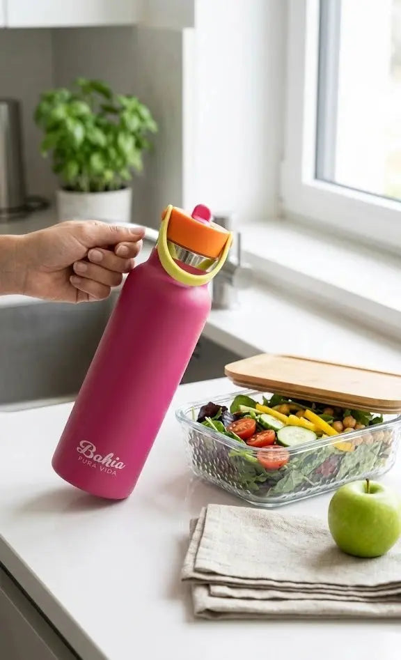 Borraccia termica in acciaio inox Bahia Acqua 750ml, colore rosa con tappo arancione e maniglia gialla