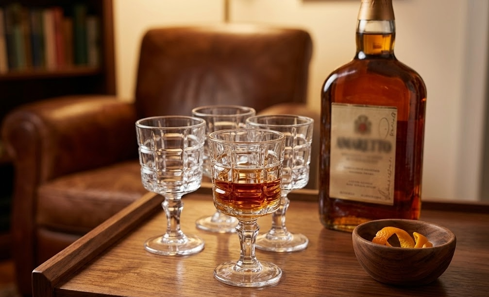 Bicchieri da whiskey in cristallo con bottiglia e scorza d'arancia su vassoio in legno