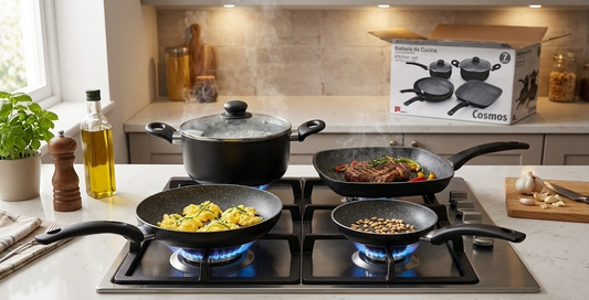 Set pentole Cosmos in uso in cucina con cibo cucinato su fornello a gas