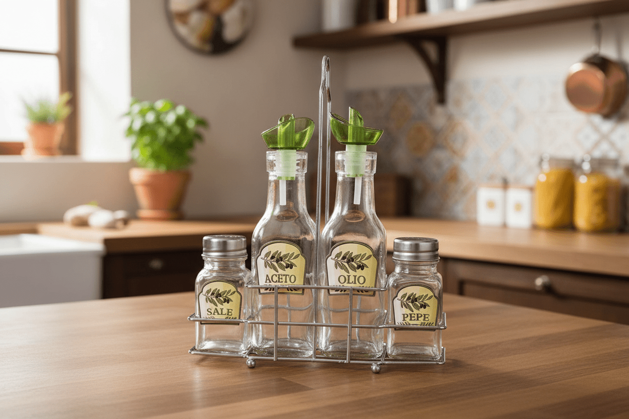 Menage 5 Pezzi Olio Aceto Sale Pepe con Struttura in Metallo - Punto Casa