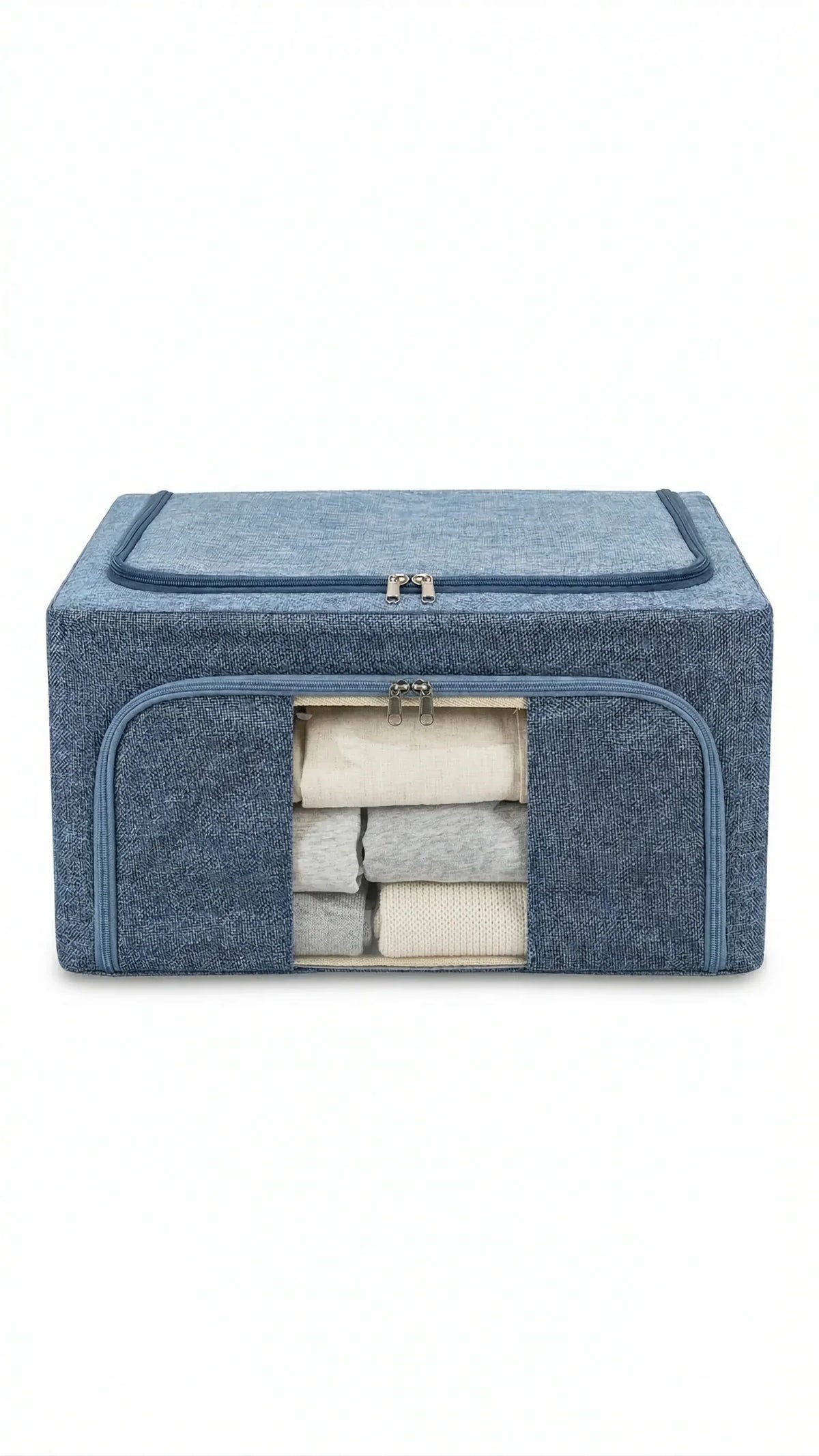 Organizer armadio in tessuto blu con zip, ideale per maglie e abiti, spazio di stoccaggio ordinato
