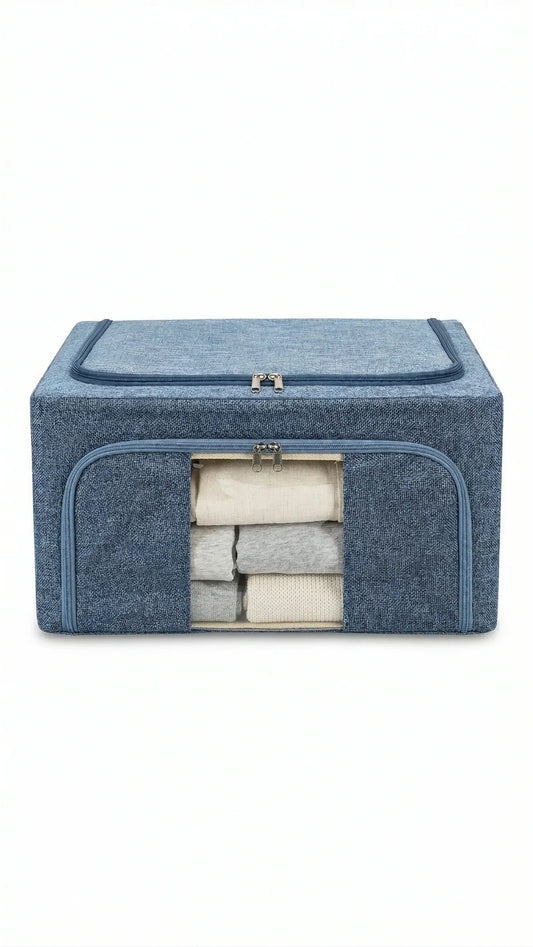 Organizer armadio in tessuto blu con zip, ideale per maglie e abiti, spazio di stoccaggio ordinato