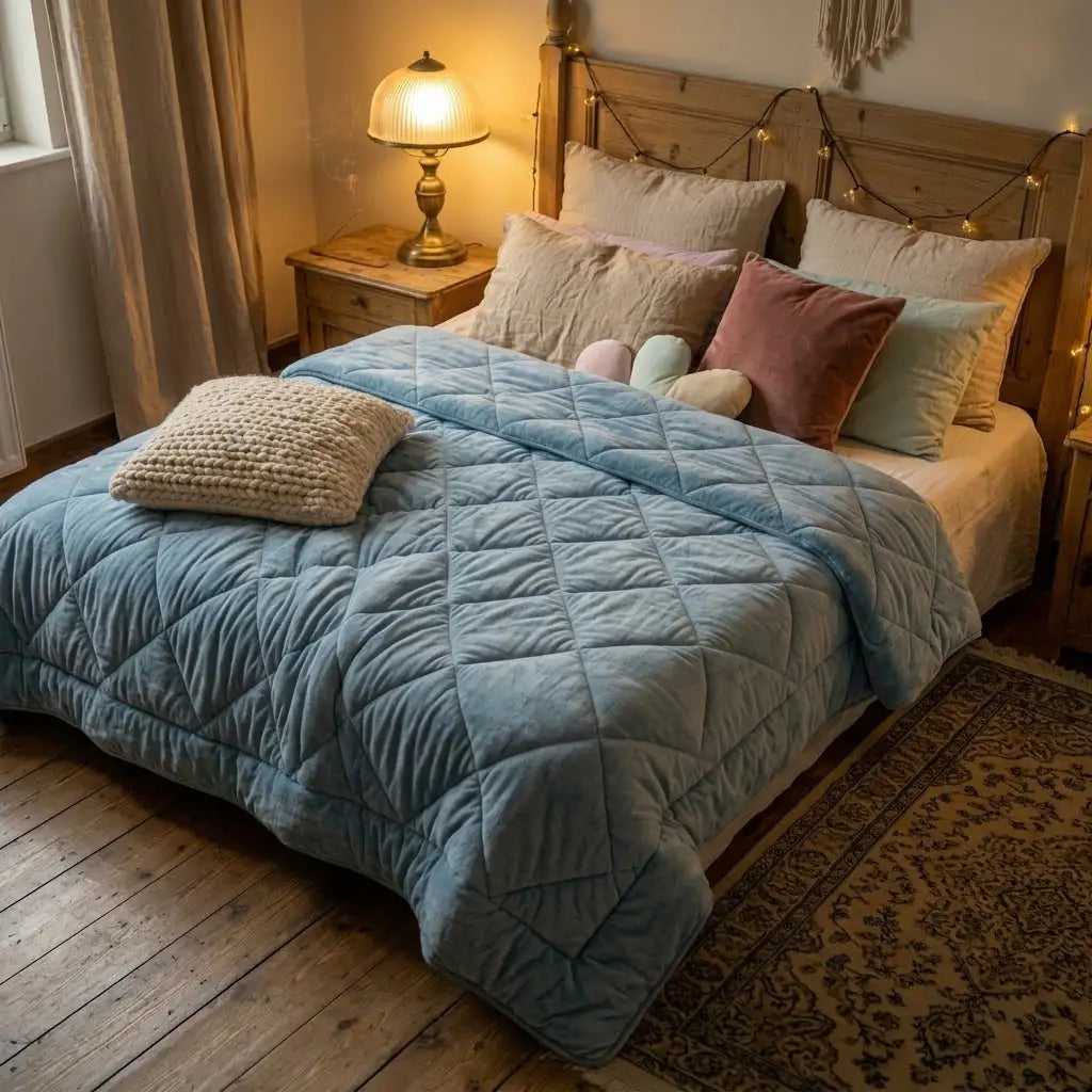 Trapunta matrimoniale Punto Casa color denim con lavorazione a quadri su letto in legno in camera da letto accogliente