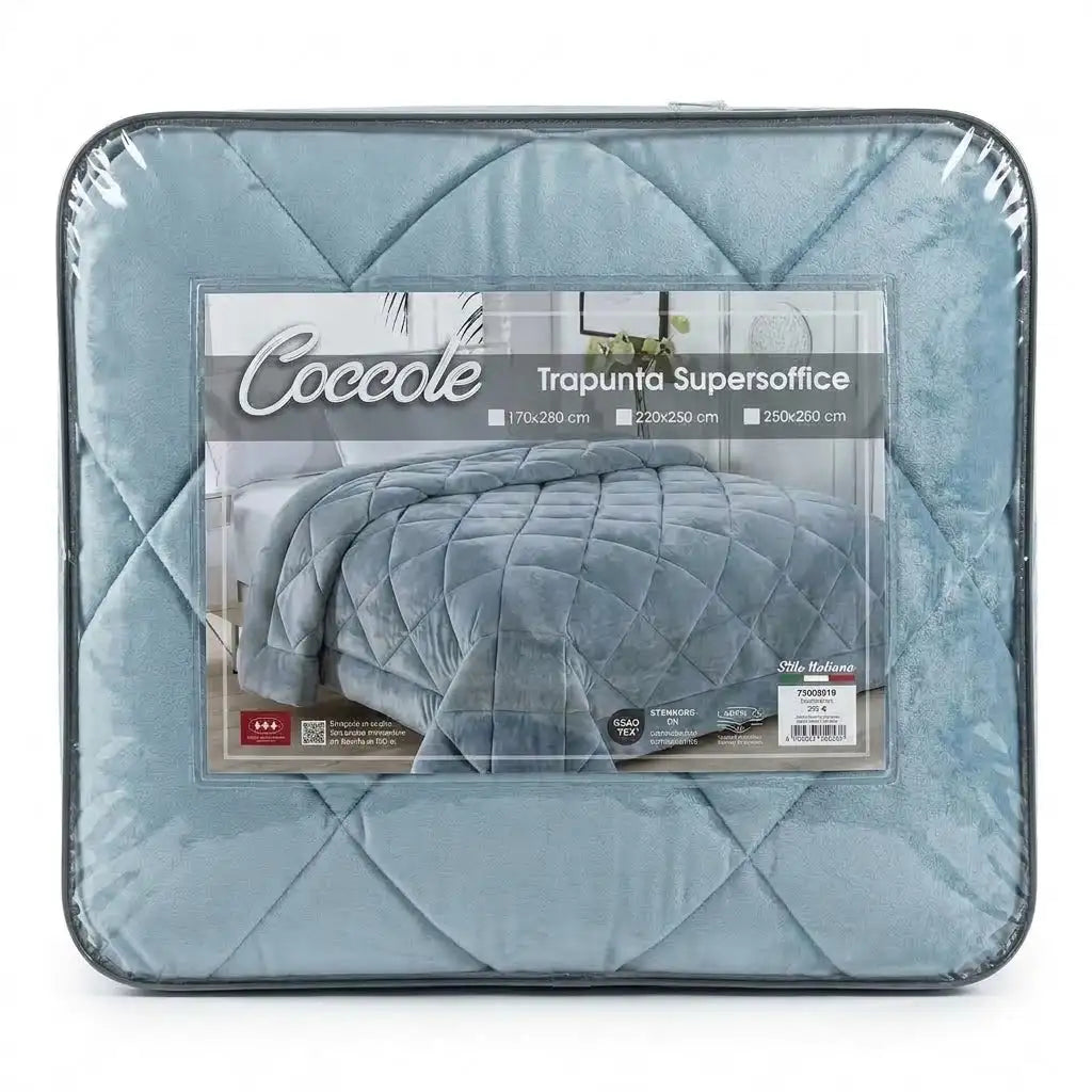 Trapunta matrimoniale Punto Casa color denim super soffice con lavorazione a quadri in custodia trasparente