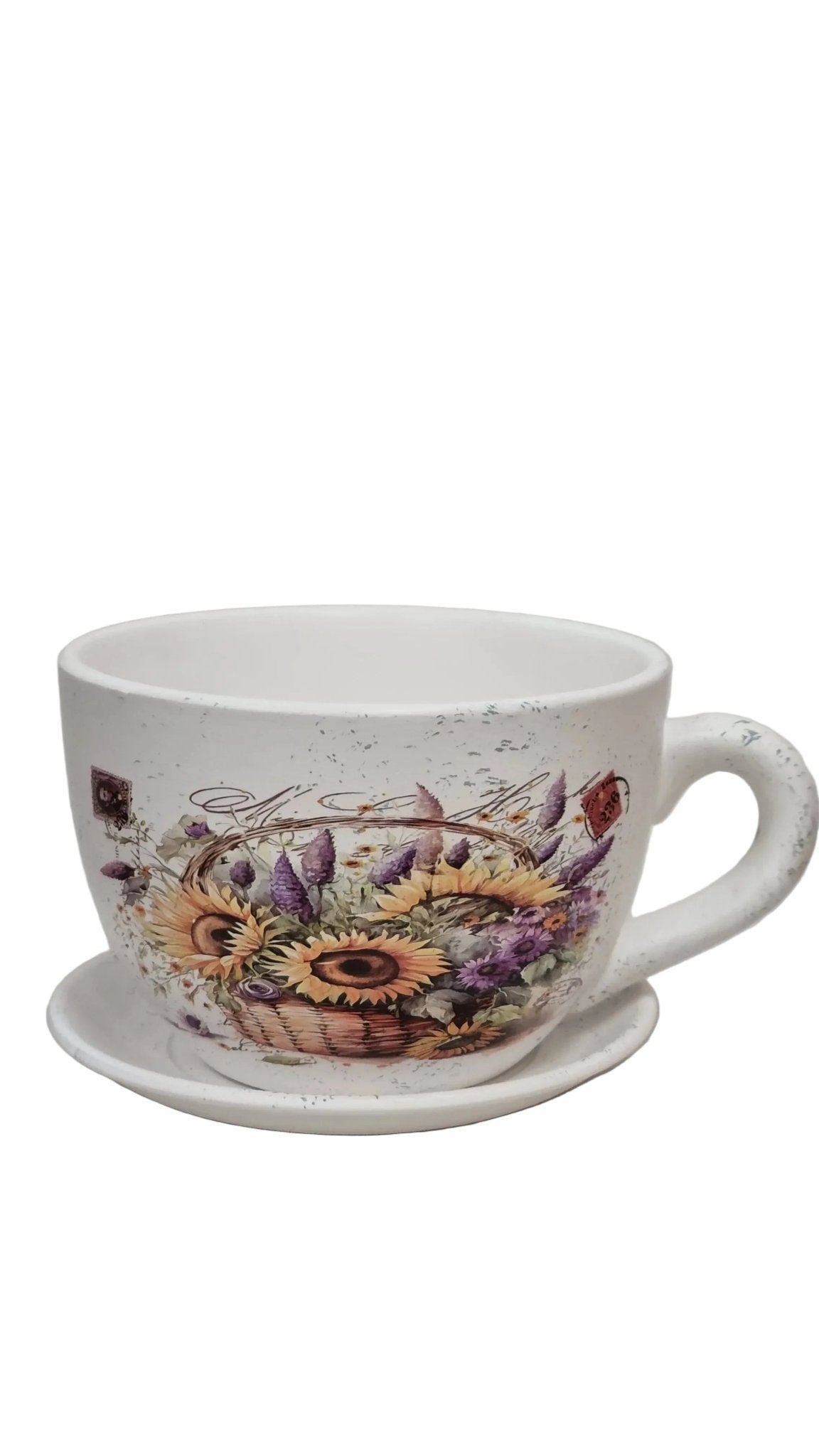Tazza Portafiori Decorativa in Ceramica con Piattino e Decorazioni Floreali - Punto Casa