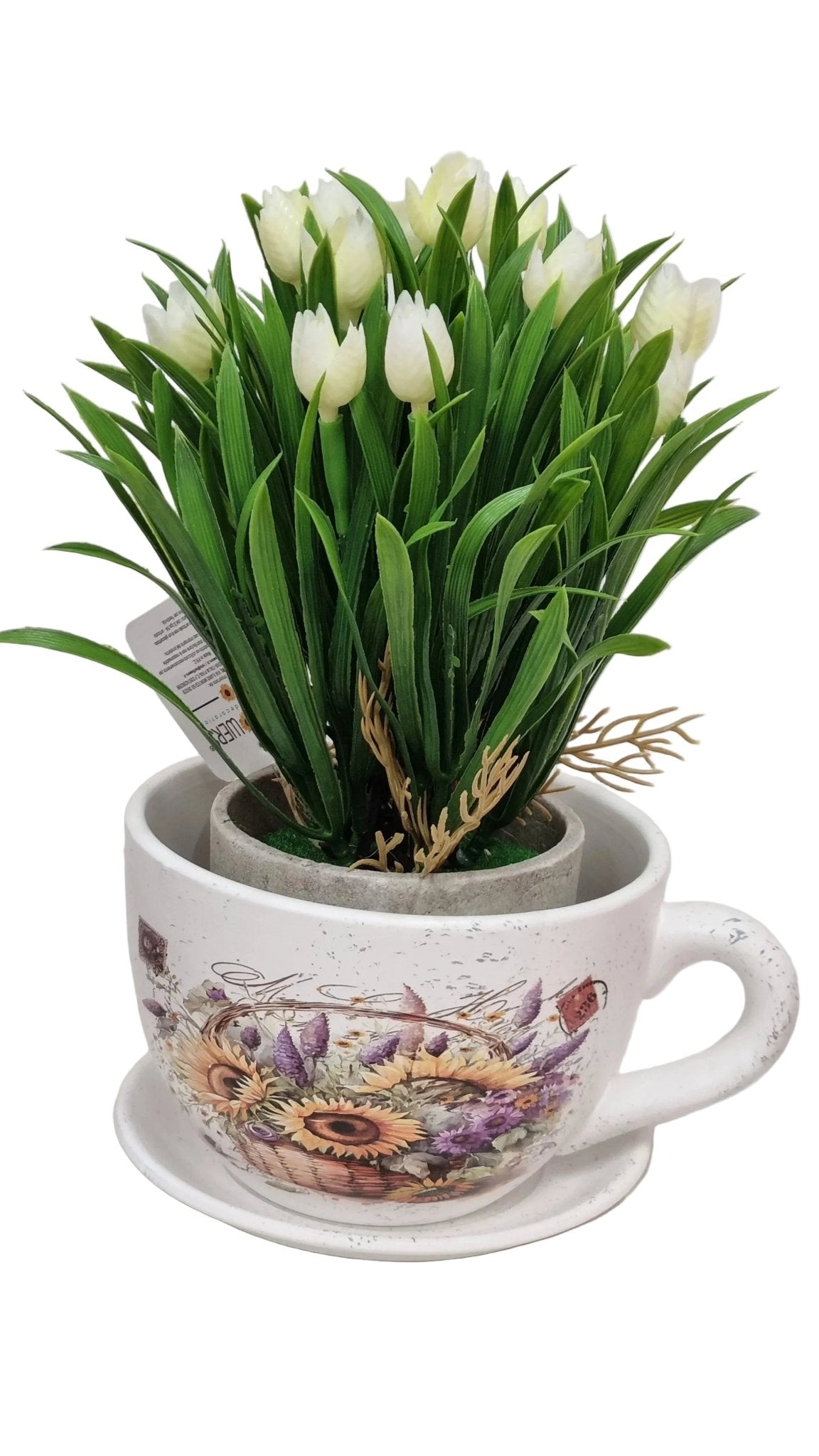 Tazza Portafiori Decorativa in Ceramica con Piattino e Decorazioni Floreali - Punto Casa